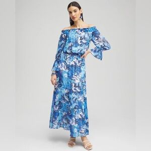 Chico’s On/Off Shoulder Floral Blue Midi/MaxiDress-Chico’s Size 2 (Reg 12-14)